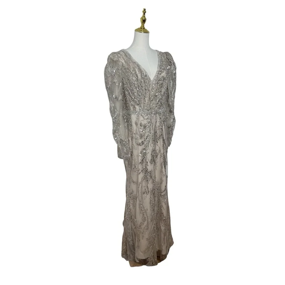 Mac Duggal 20349 Mocha Embroidered Beaded Sequins Long Sleeve Gown Size 12 $998